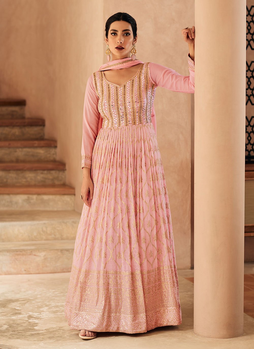 Anarkali Suit Chinon Georgette Pink Embroidered Salwar Kameez