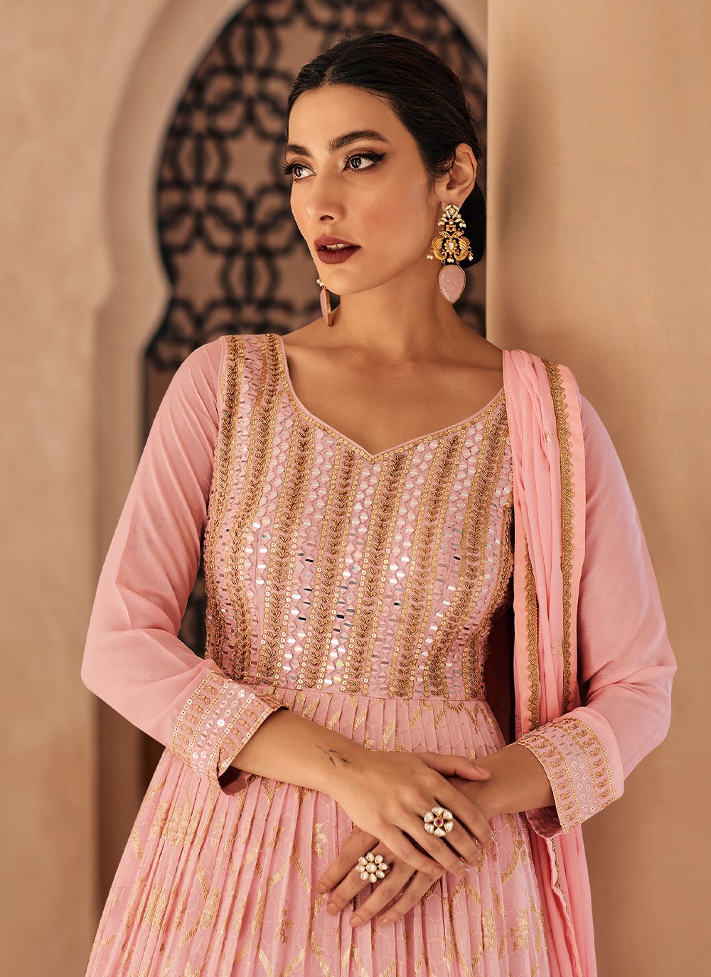 Anarkali Suit Chinon Georgette Pink Embroidered Salwar Kameez