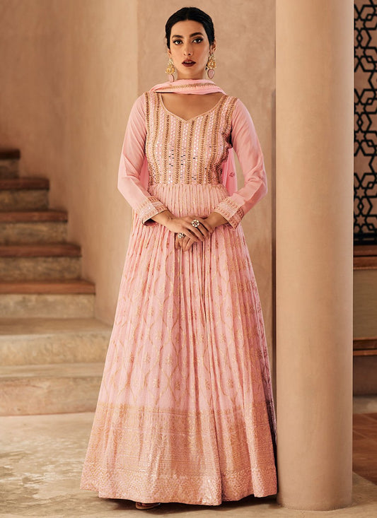 Anarkali Suit Chinon Georgette Pink Embroidered Salwar Kameez