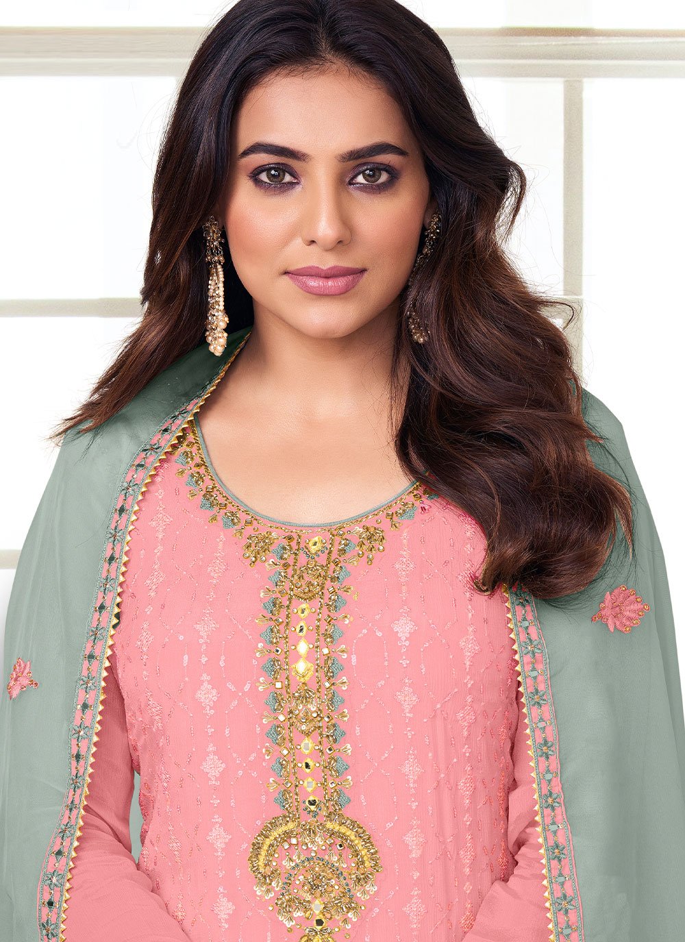 Salwar Suit Chinon Pink Embroidered Salwar Kameez