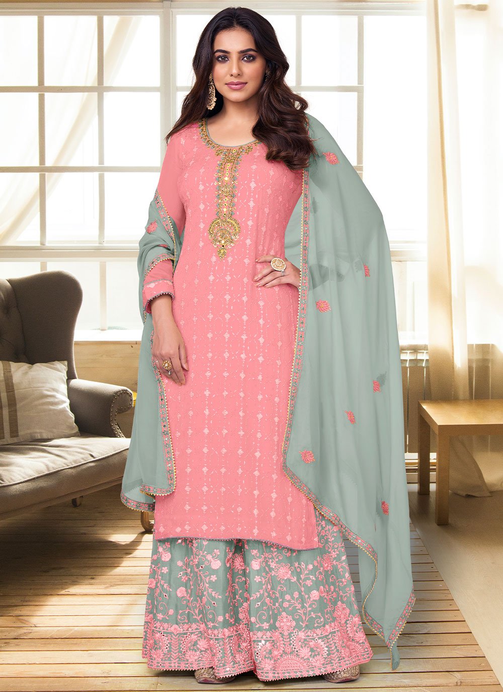 Salwar Suit Chinon Pink Embroidered Salwar Kameez