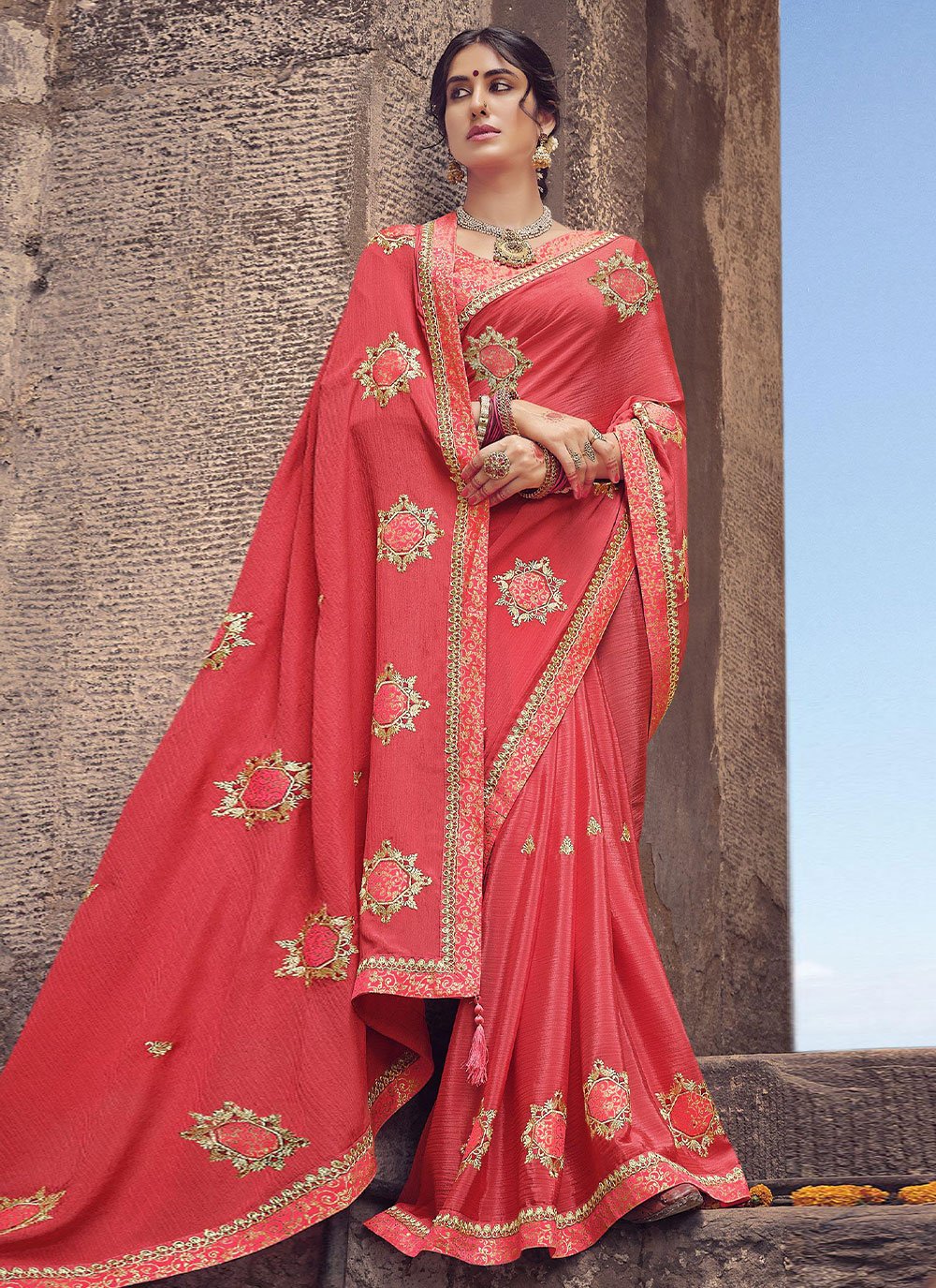 Classic Chinon Pink Embroidered Saree