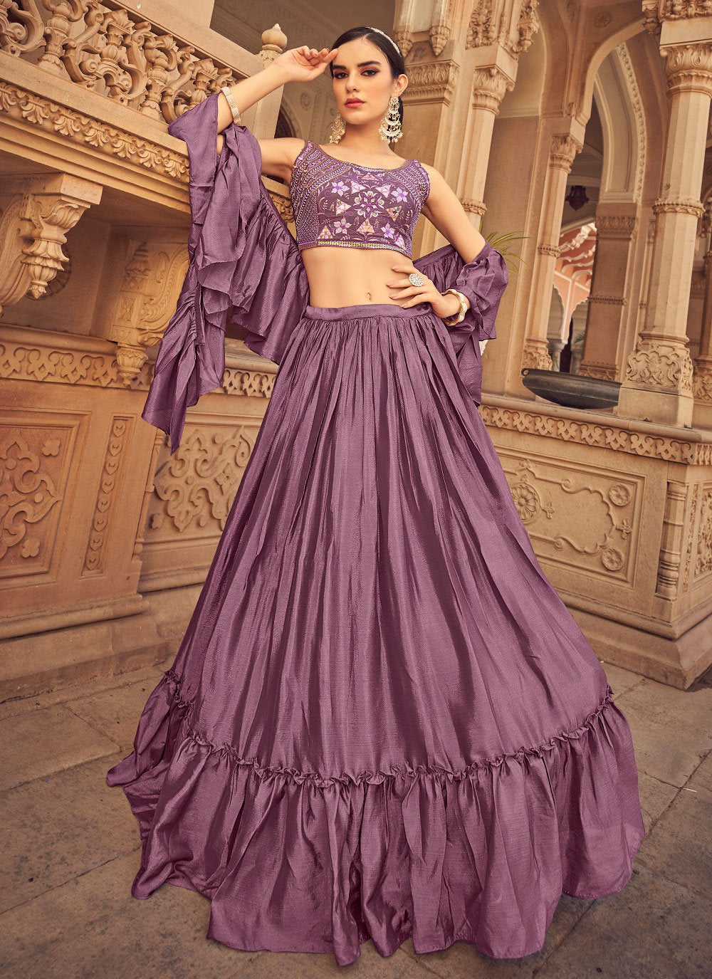 Lehenga Choli Chinon Purple Plain Lehenga Choli