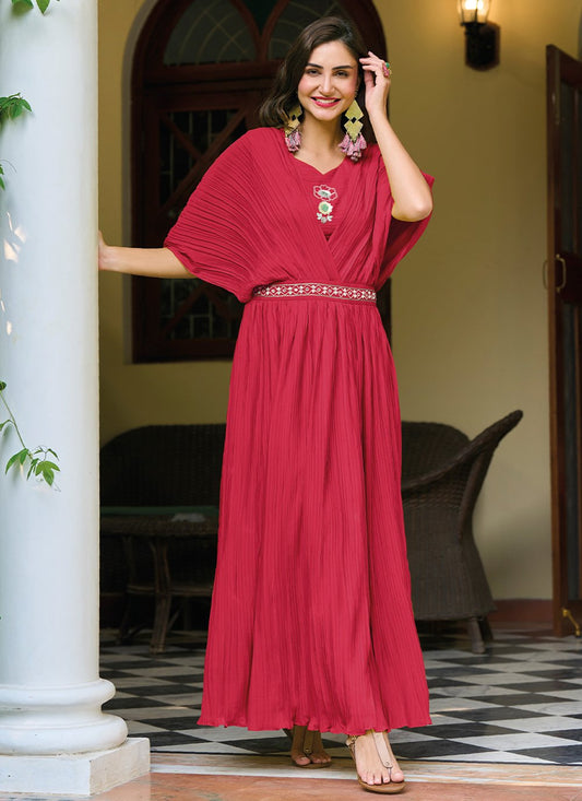 Gown Chinon Pink Plain Gown