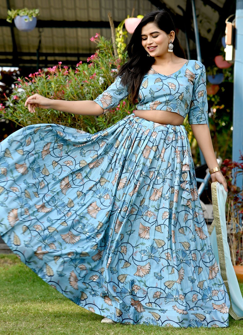 Lehenga Choli Chinon Aqua Blue Print Lehenga Choli