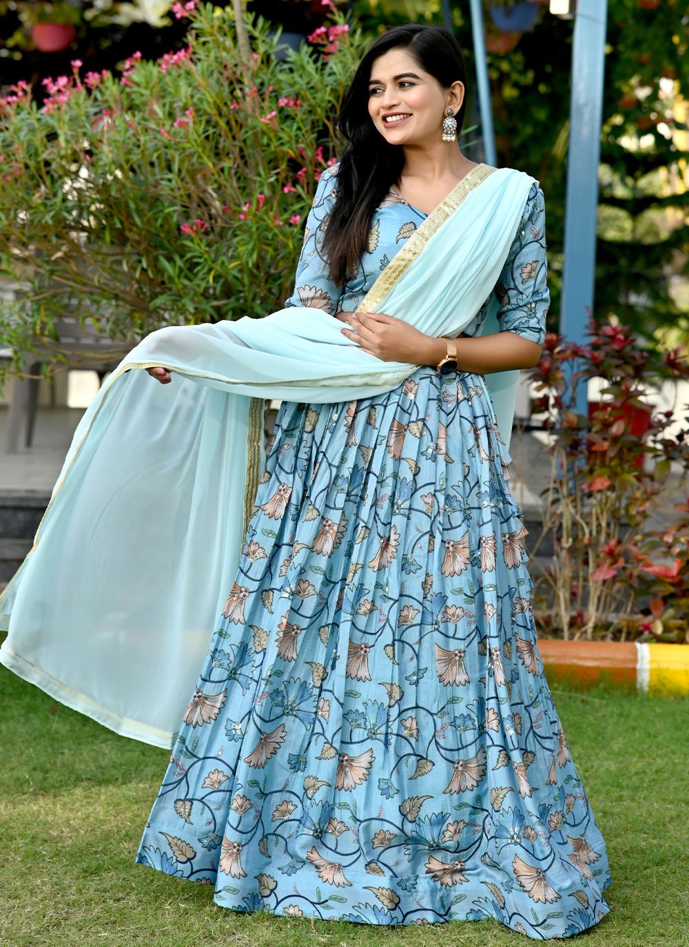 Lehenga Choli Chinon Aqua Blue Print Lehenga Choli