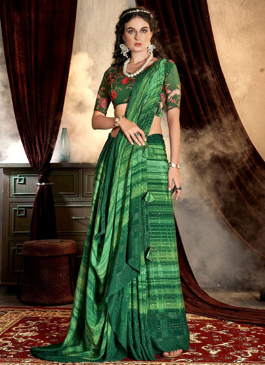 Contemporary Chinon Green Print Saree