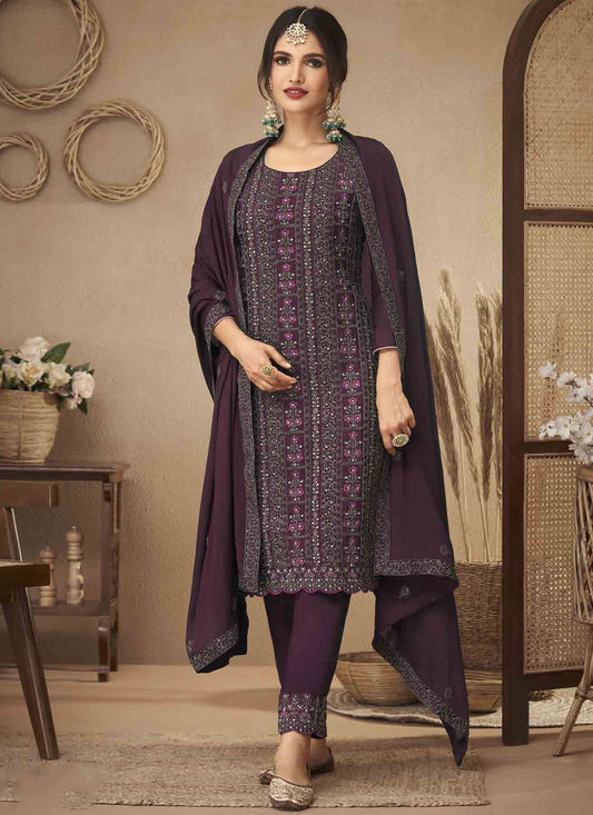 Salwar Suit Chinon Purple Embroidered Salwar Kameez