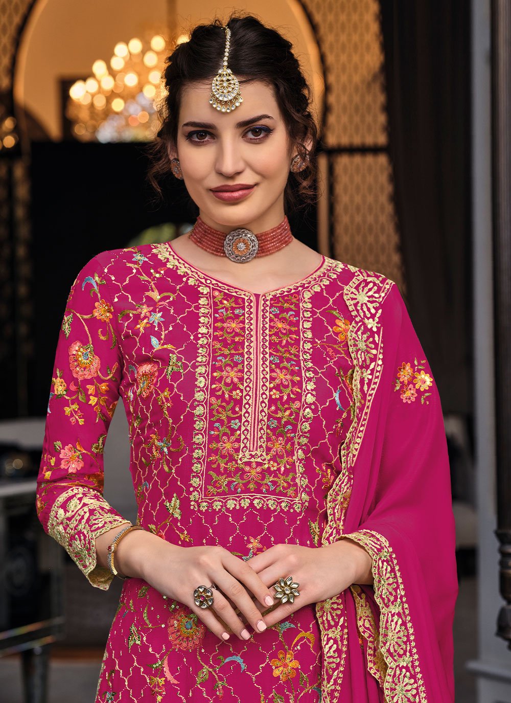 Palazzo Salwar Suit Chinon Rani Embroidered Salwar Kameez