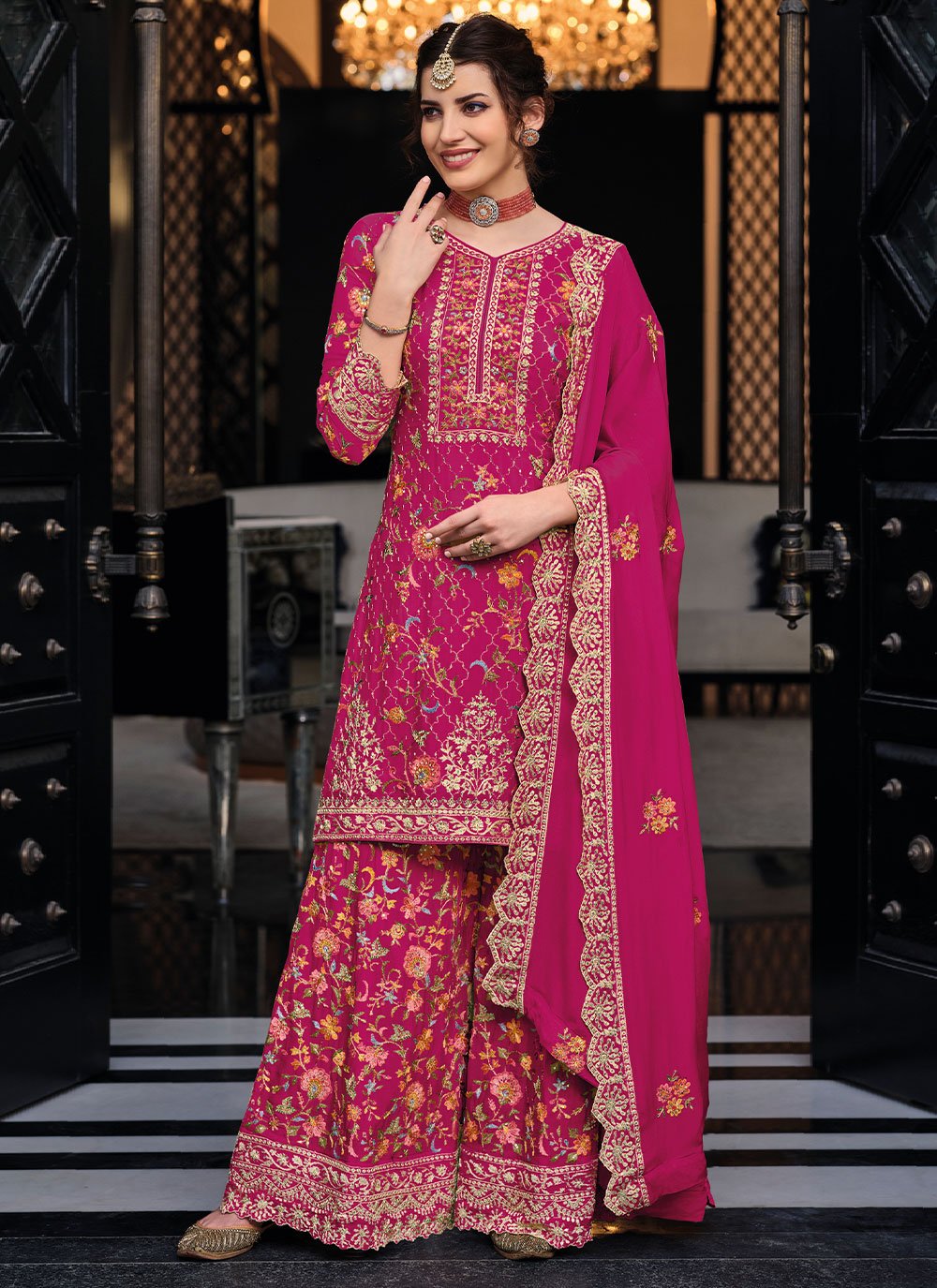 Palazzo Salwar Suit Chinon Rani Embroidered Salwar Kameez