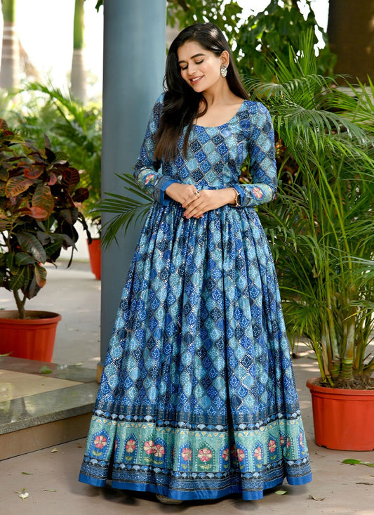 Gown Chinon Blue Print Gown