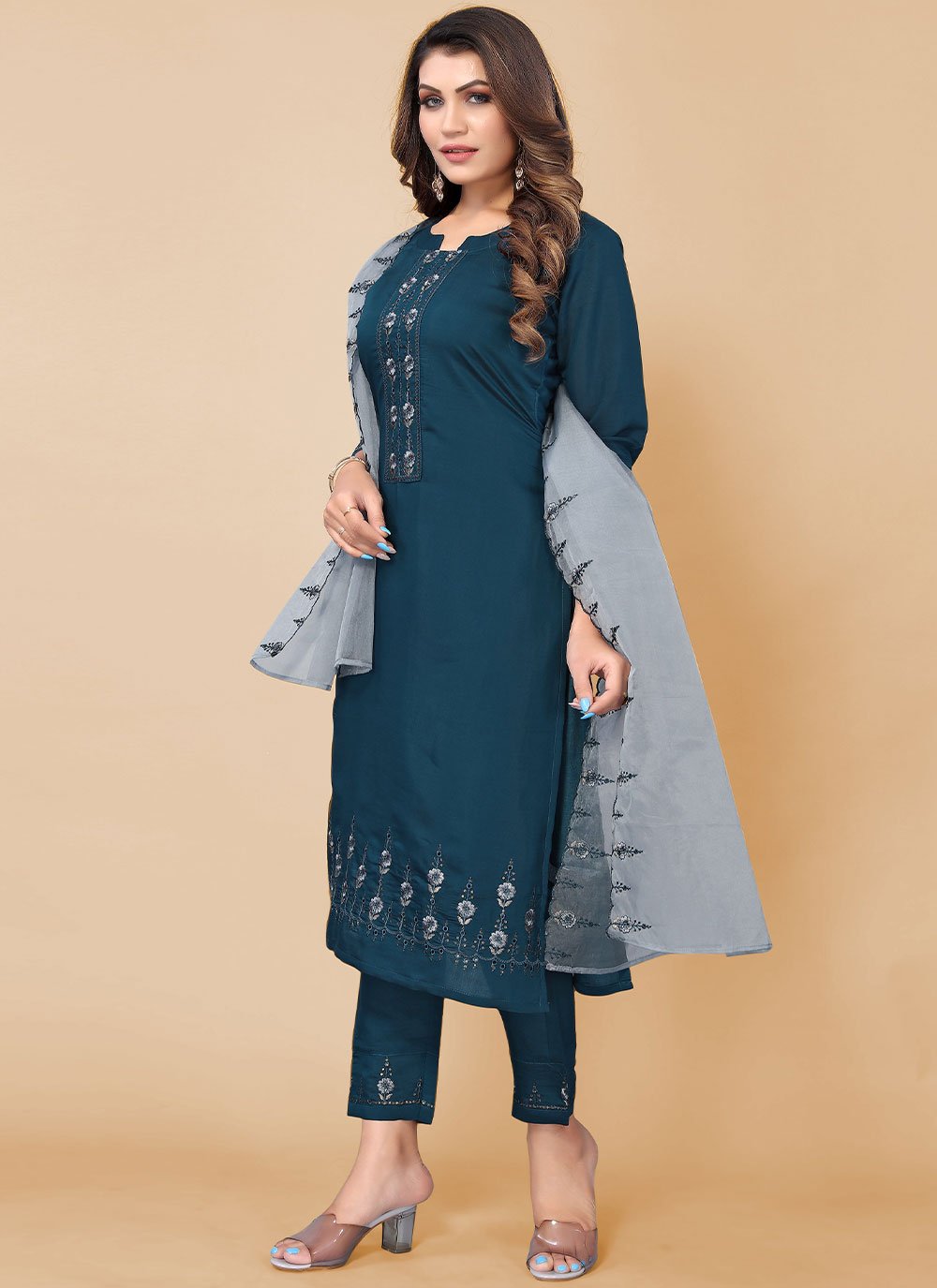 Salwar Suit Chinon Blue Embroidered Salwar Kameez