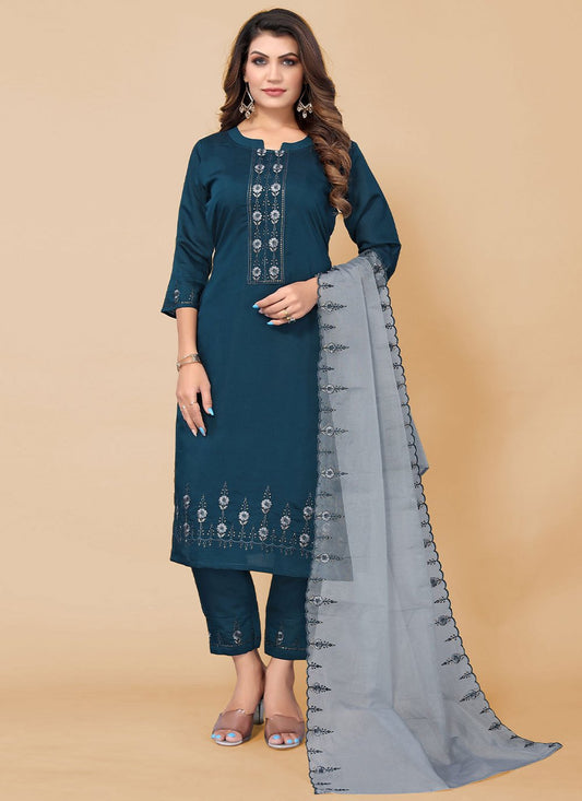 Salwar Suit Chinon Blue Embroidered Salwar Kameez