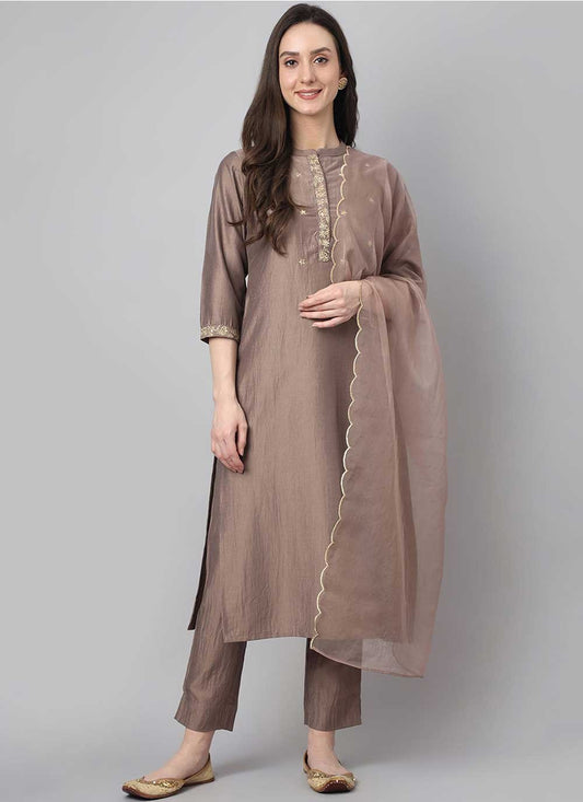 Salwar Suit Chinon Brown Embroidered Salwar Kameez