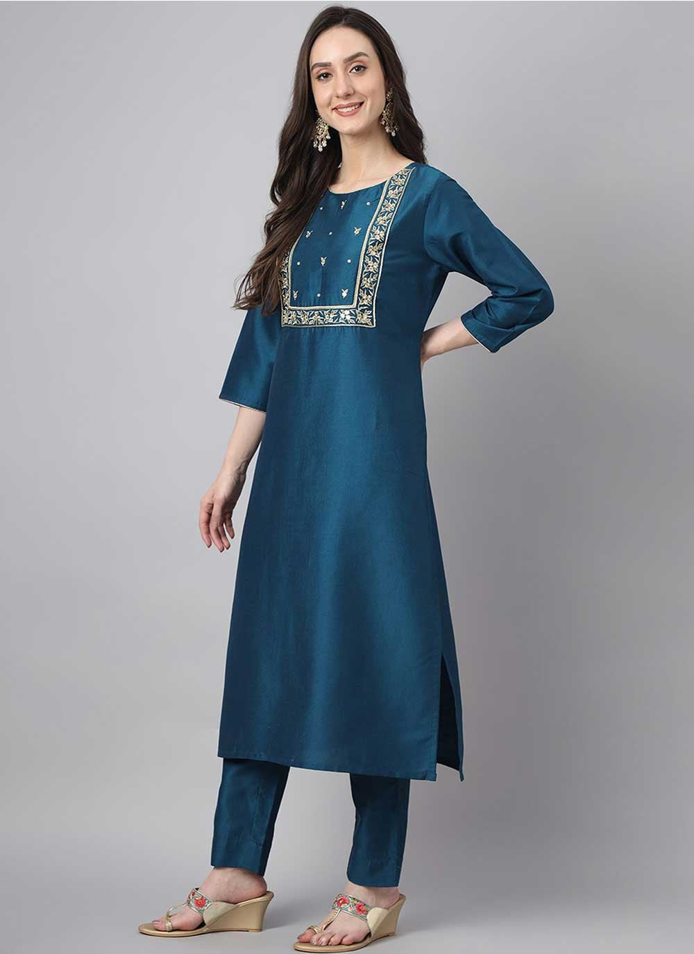 Salwar Suit Chinon Teal Embroidered Salwar Kameez