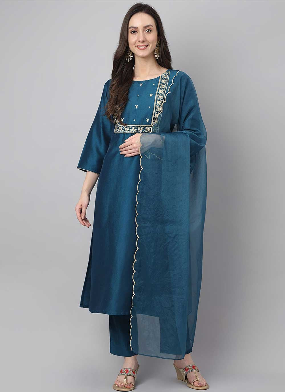 Salwar Suit Chinon Teal Embroidered Salwar Kameez