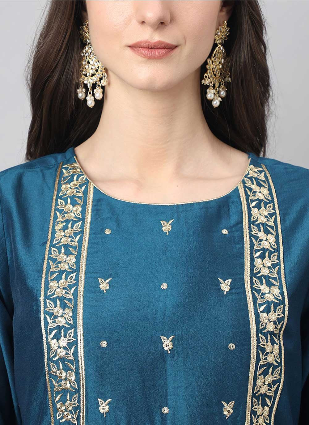 Salwar Suit Chinon Teal Embroidered Salwar Kameez