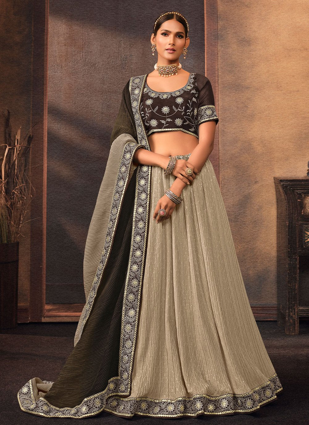 Lehenga Choli Chinon Brown Embroidered Lehenga Choli