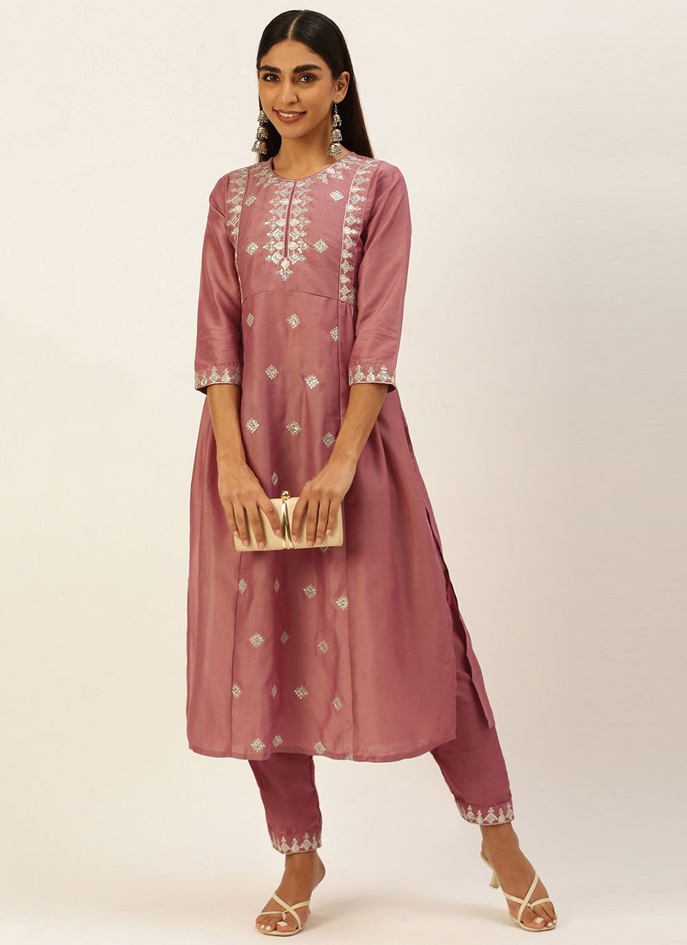 Party Wear Kurti Chinon Mauve Embroidered Kurtis