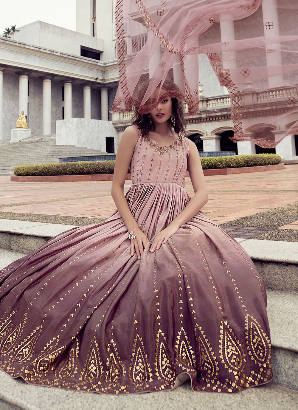 Gown Chinon Mauve Embroidered Gown