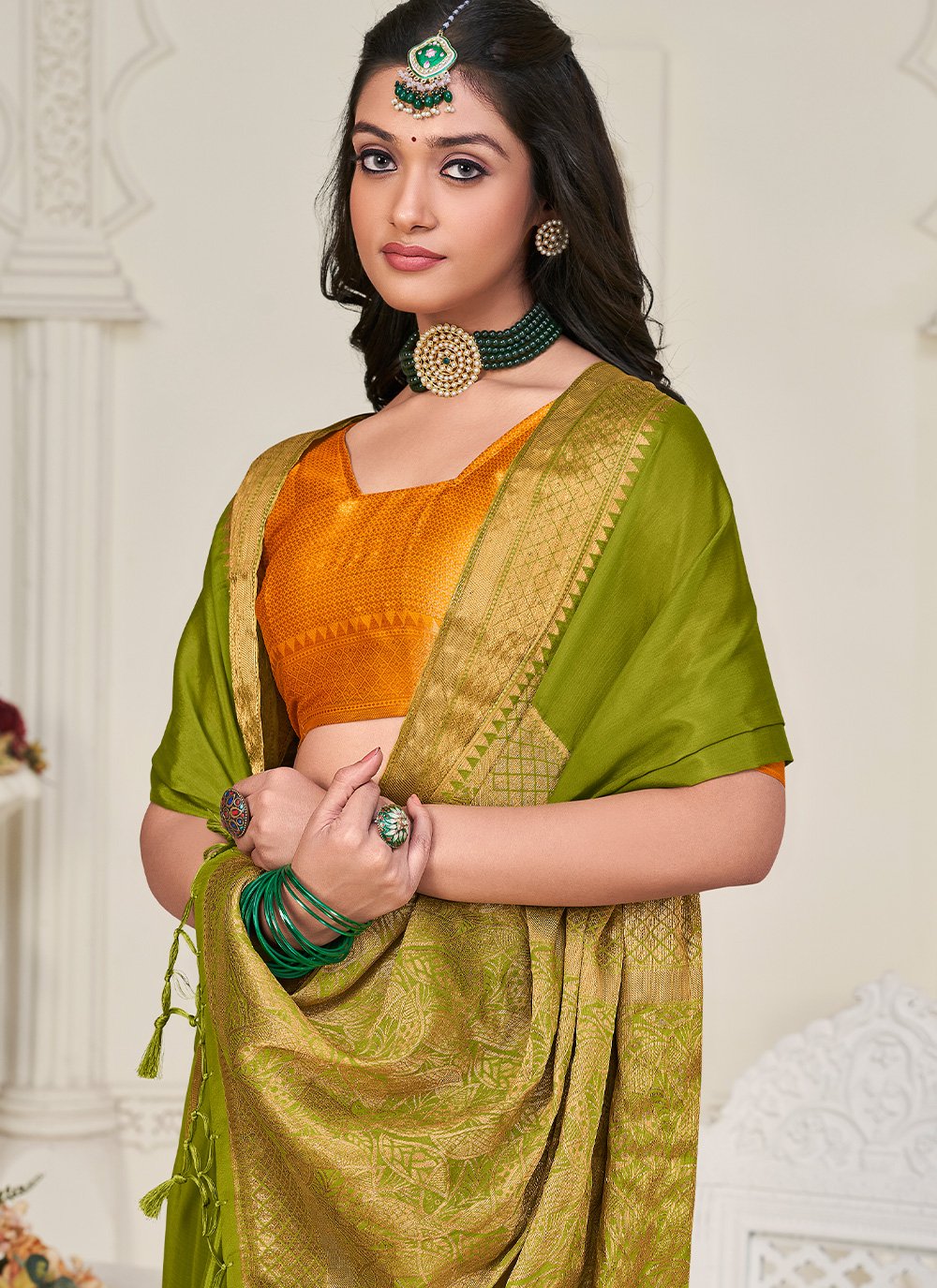 Classic Chinon Silk Sea Green Patch Border Saree