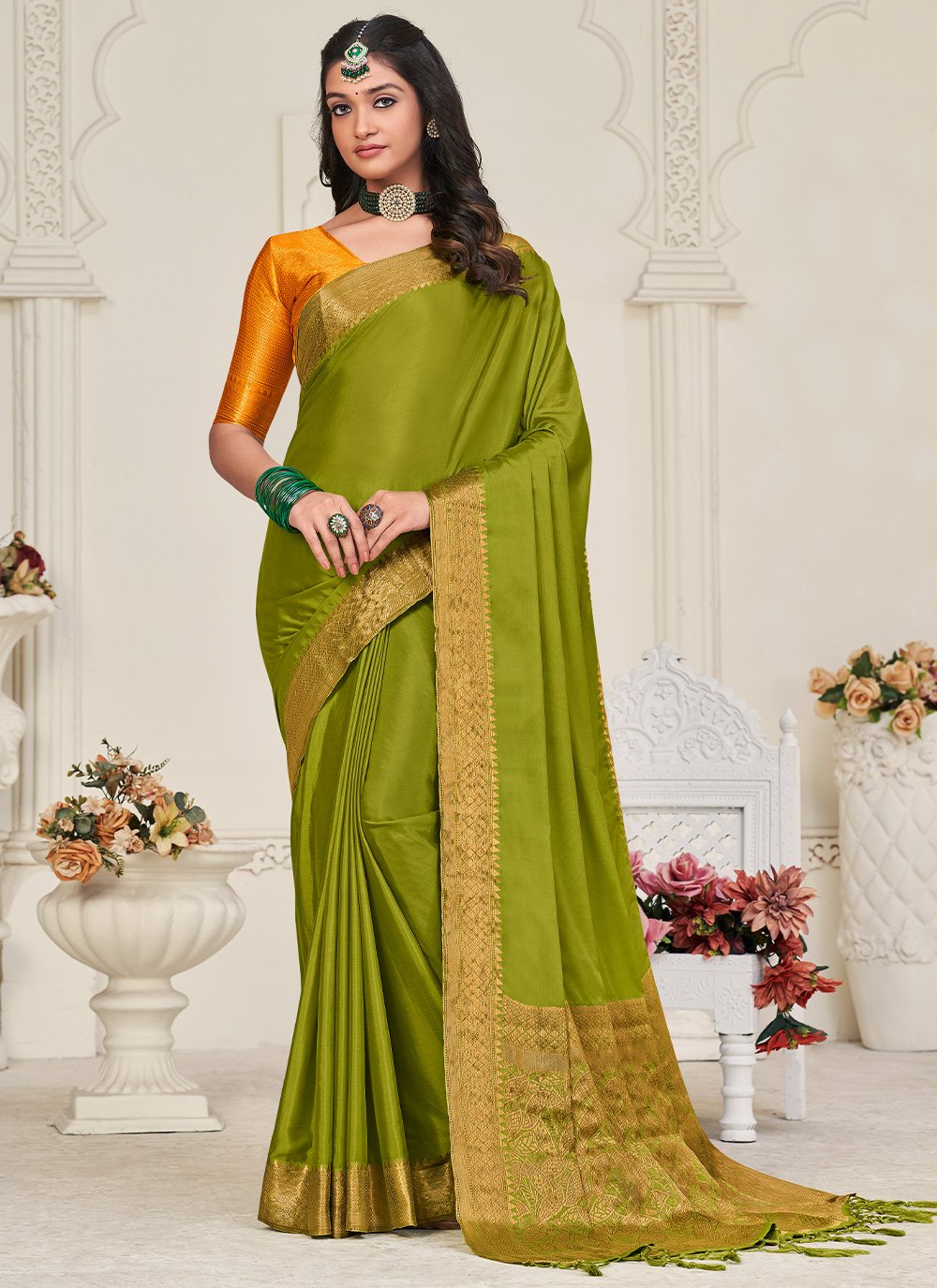 Classic Chinon Silk Sea Green Patch Border Saree