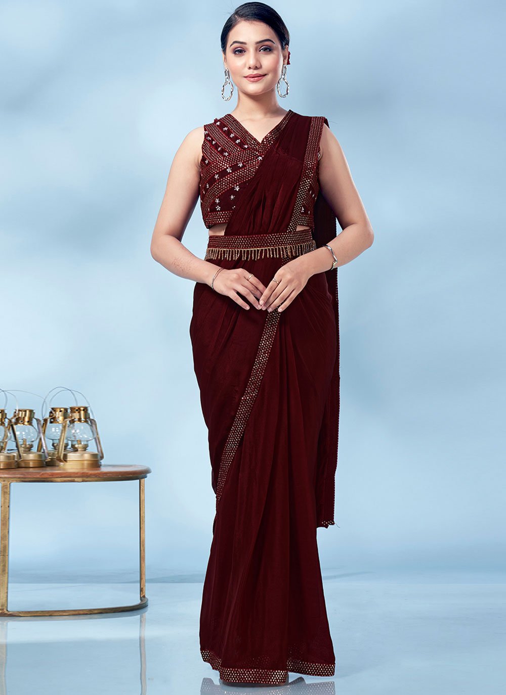 Classic Chinon Maroon Patch Border Saree