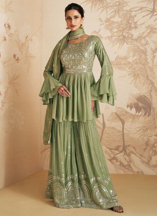 Pakistani Salwar Suit Chinon Georgette Sea Green Sequins Salwar Kameez