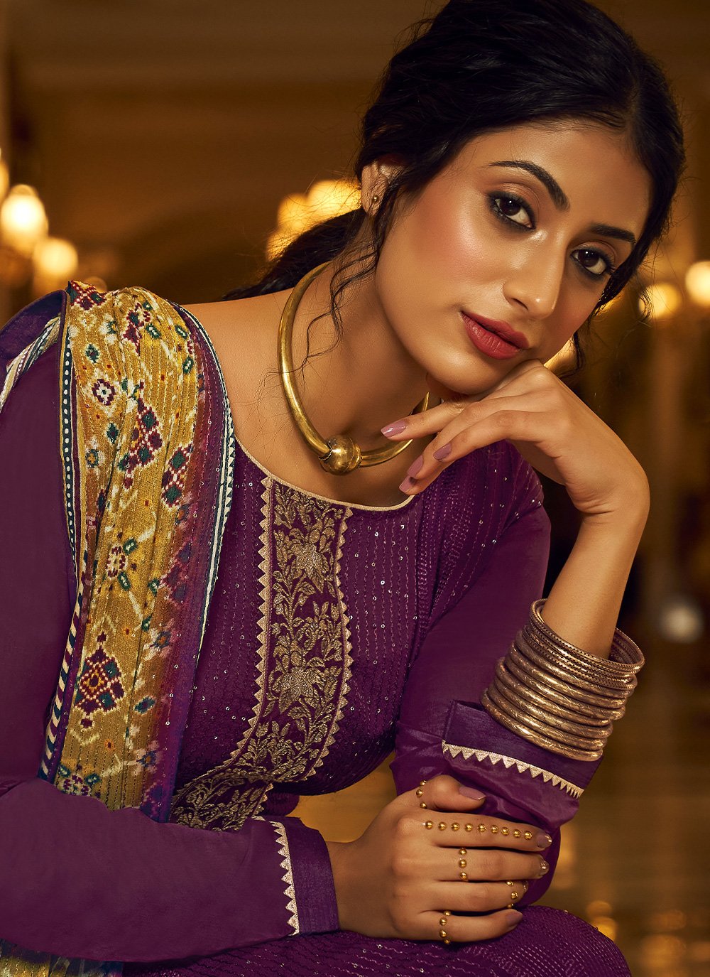 Pakistani Salwar Suit Chinon Purple Embroidered Salwar Kameez