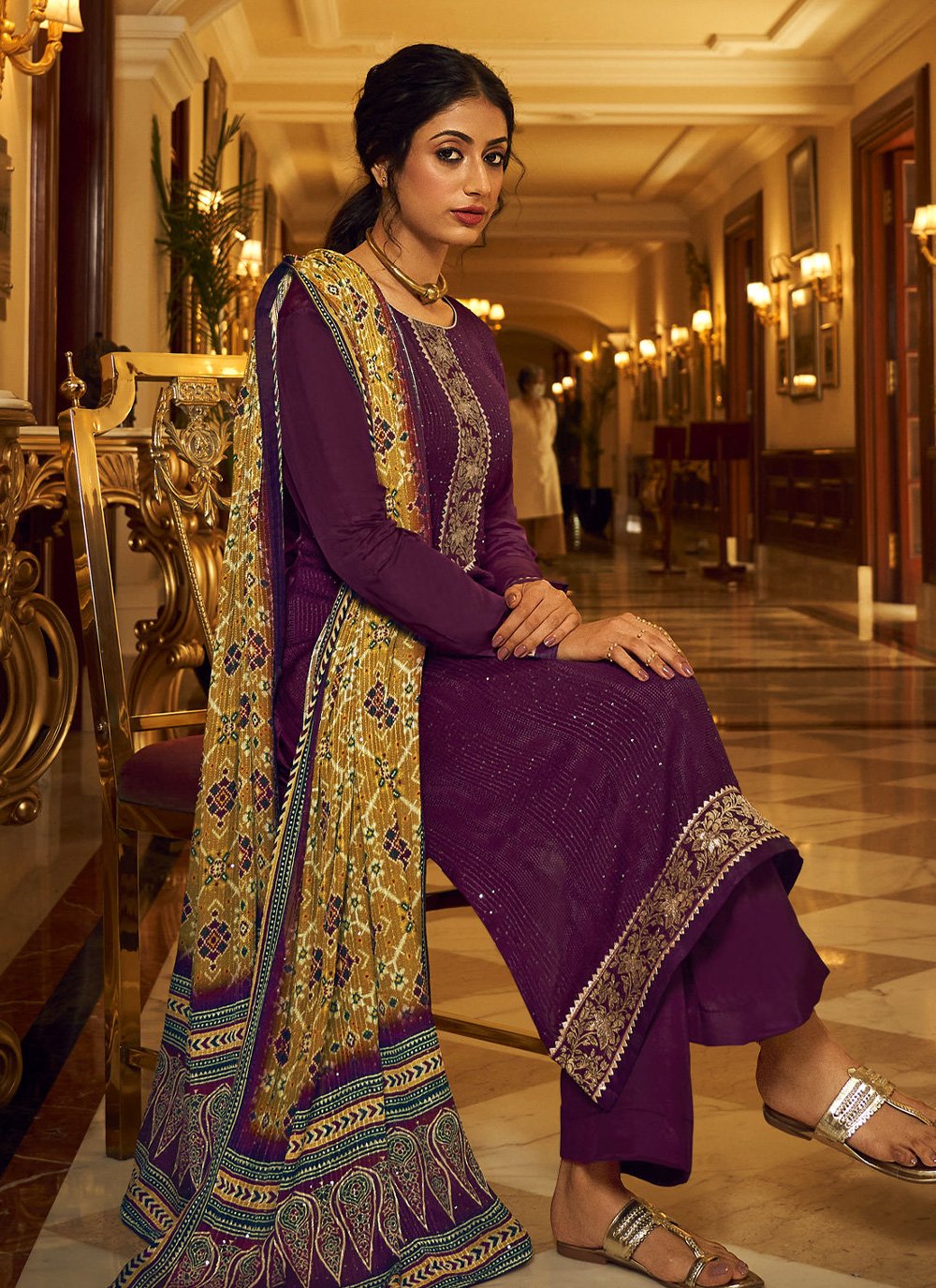 Pakistani Salwar Suit Chinon Purple Embroidered Salwar Kameez