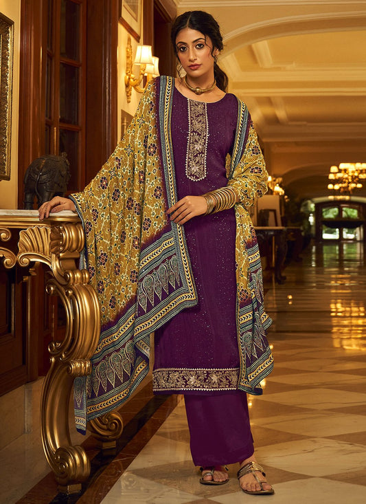Pakistani Salwar Suit Chinon Purple Embroidered Salwar Kameez
