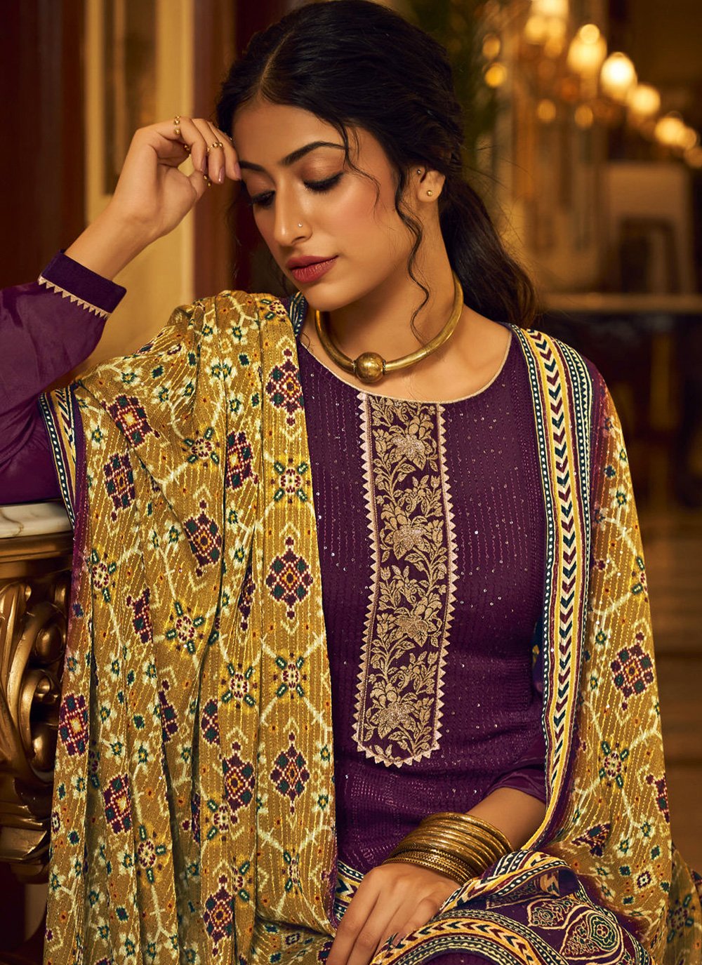 Pakistani Salwar Suit Chinon Purple Embroidered Salwar Kameez