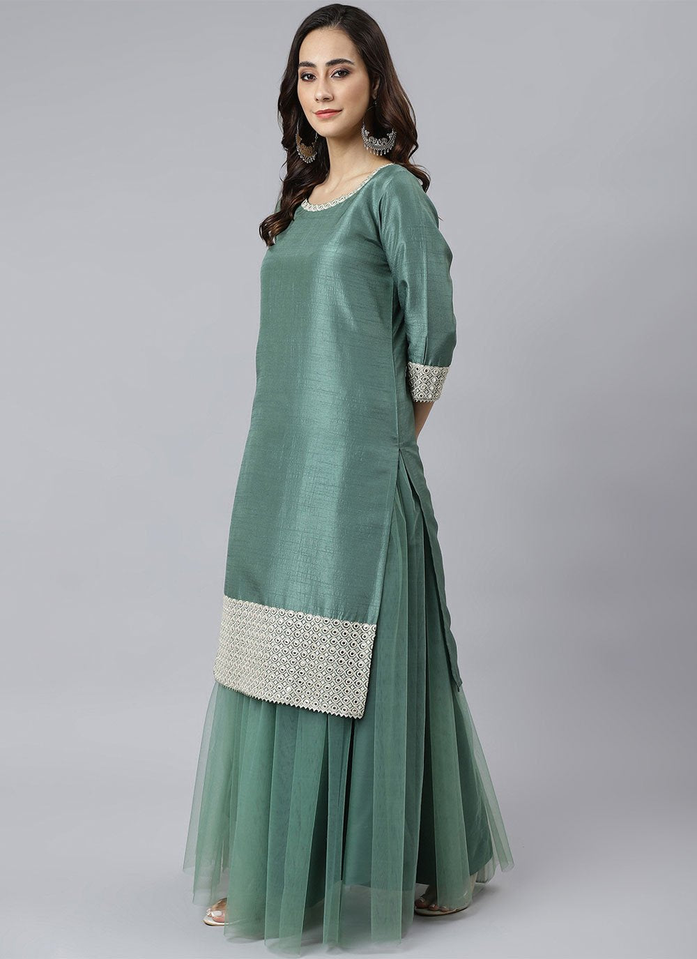 Salwar Suit Chinon Net Sea Green Sequins Salwar Kameez