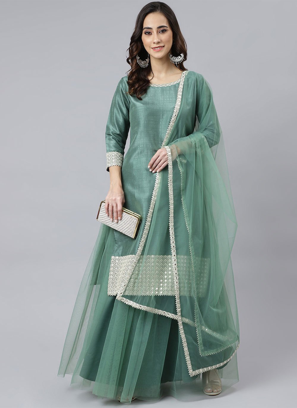 Salwar Suit Chinon Net Sea Green Sequins Salwar Kameez