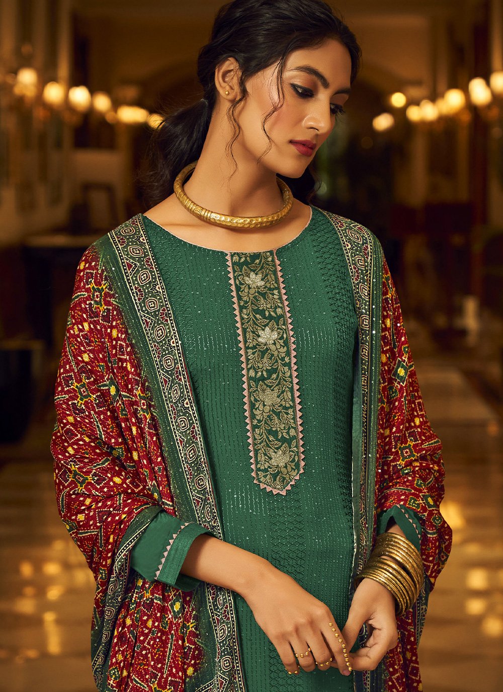 Floor Lenght Salwar Suit Chinon Teal Embroidered Salwar Kameez