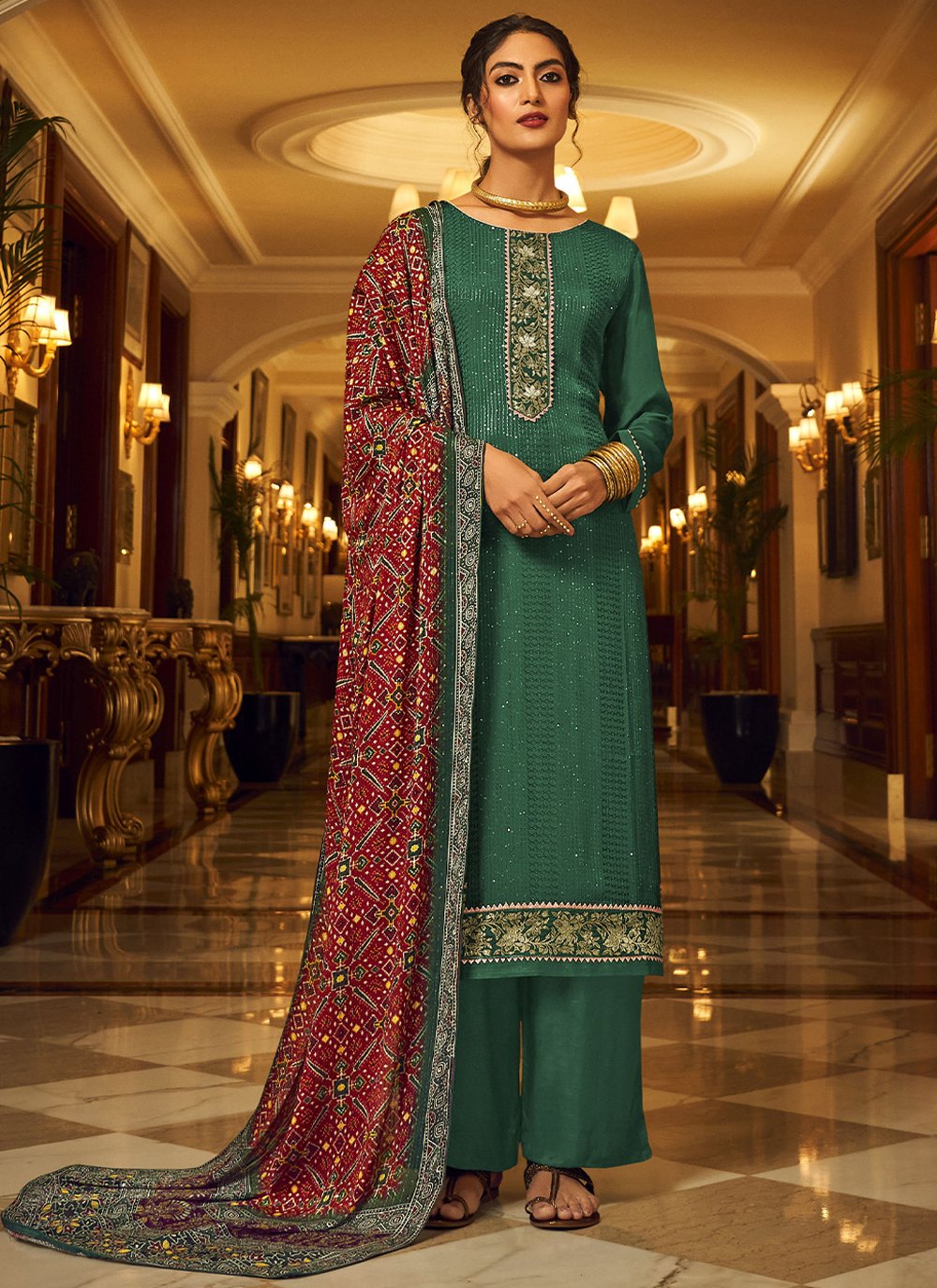 Floor Lenght Salwar Suit Chinon Teal Embroidered Salwar Kameez