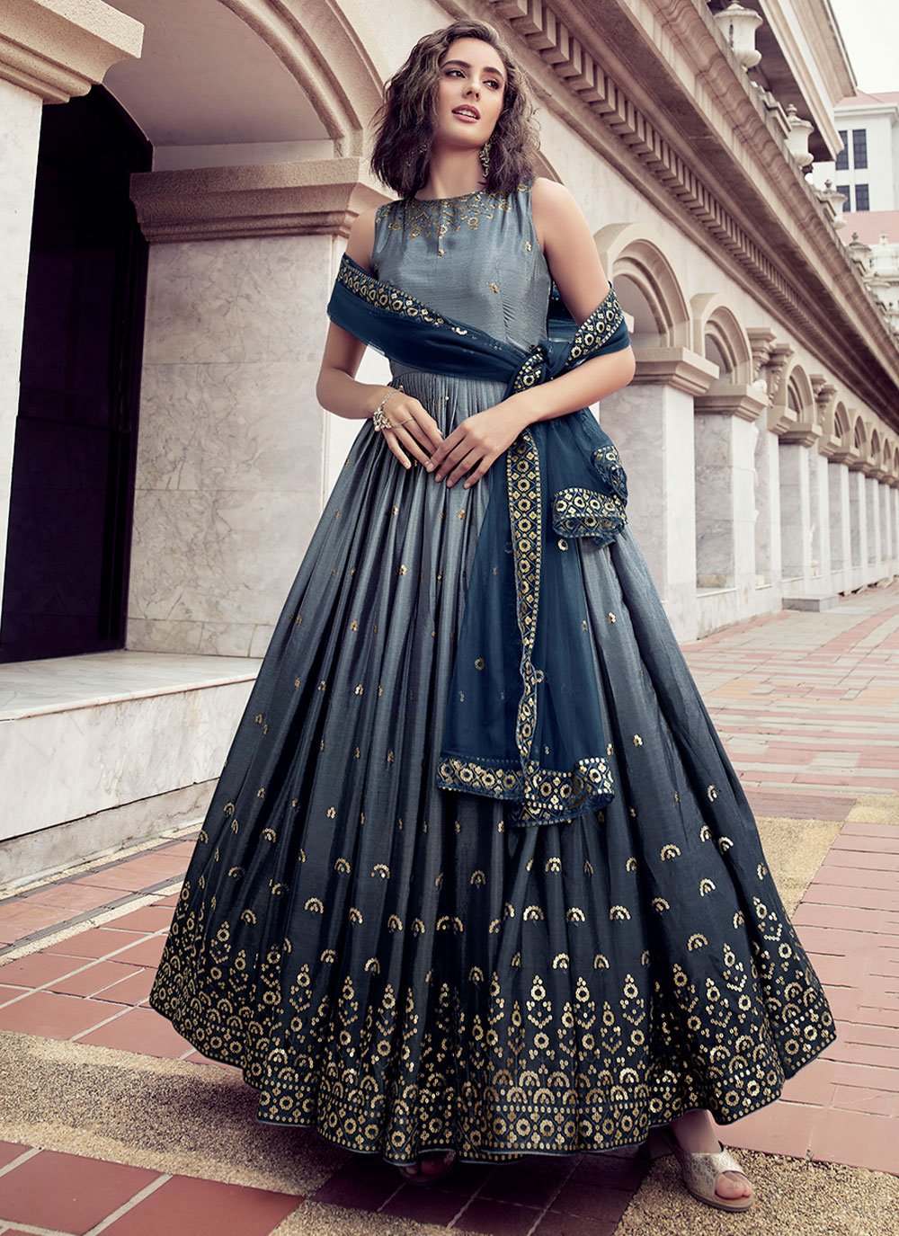 Gown Chinon Blue Embroidered Gown