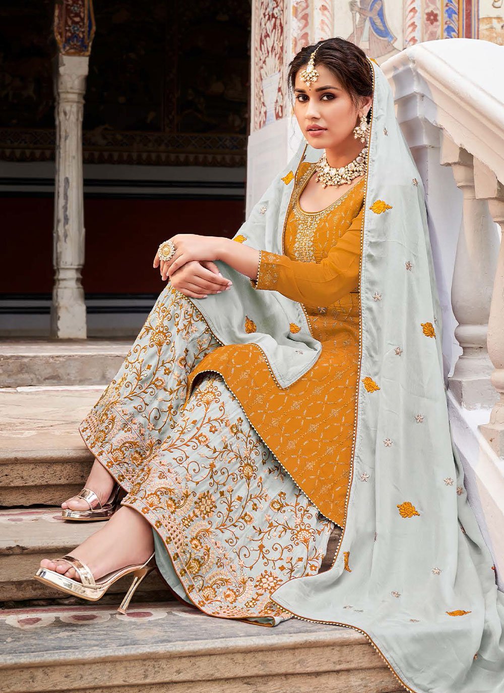 Salwar Suit Chinon Mustard Embroidered Salwar Kameez