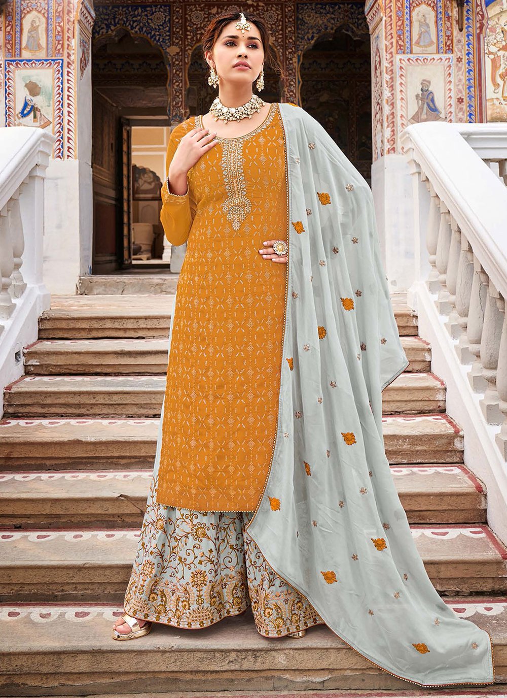 Salwar Suit Chinon Mustard Embroidered Salwar Kameez