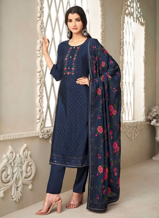 Pant Style Suit Chinon Blue Sequins Salwar Kameez