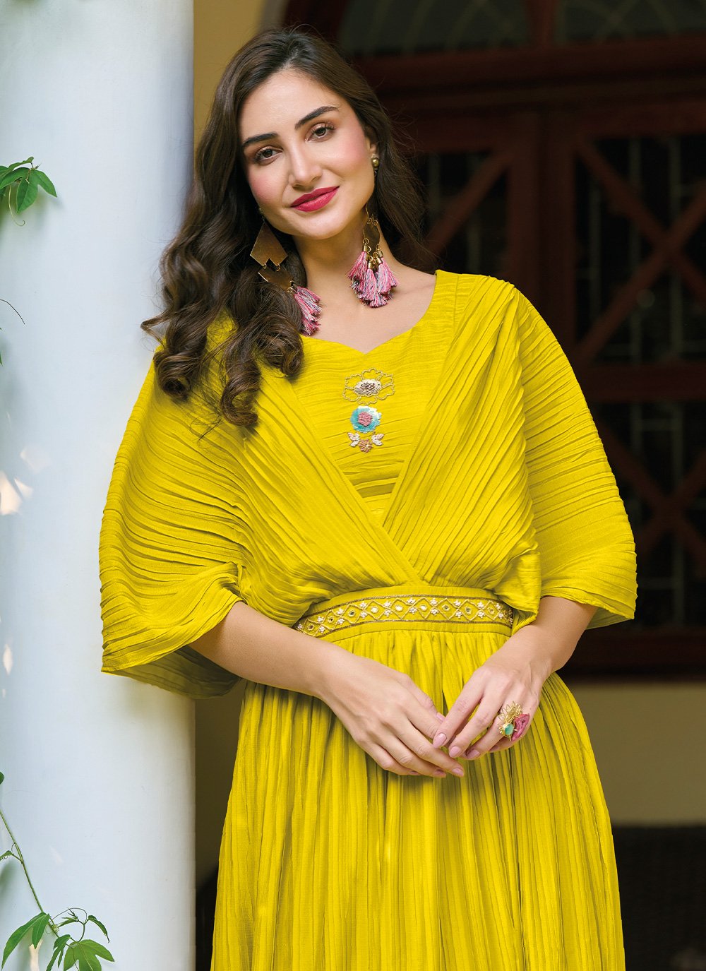 Gown Chinon Yellow Plain Gown