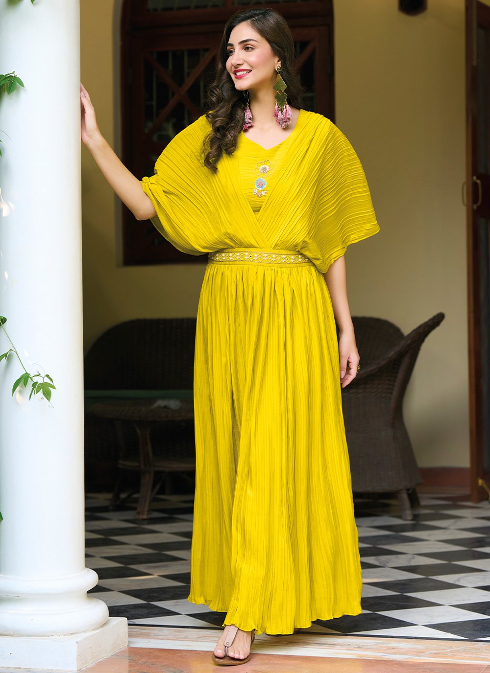 Gown Chinon Yellow Plain Gown