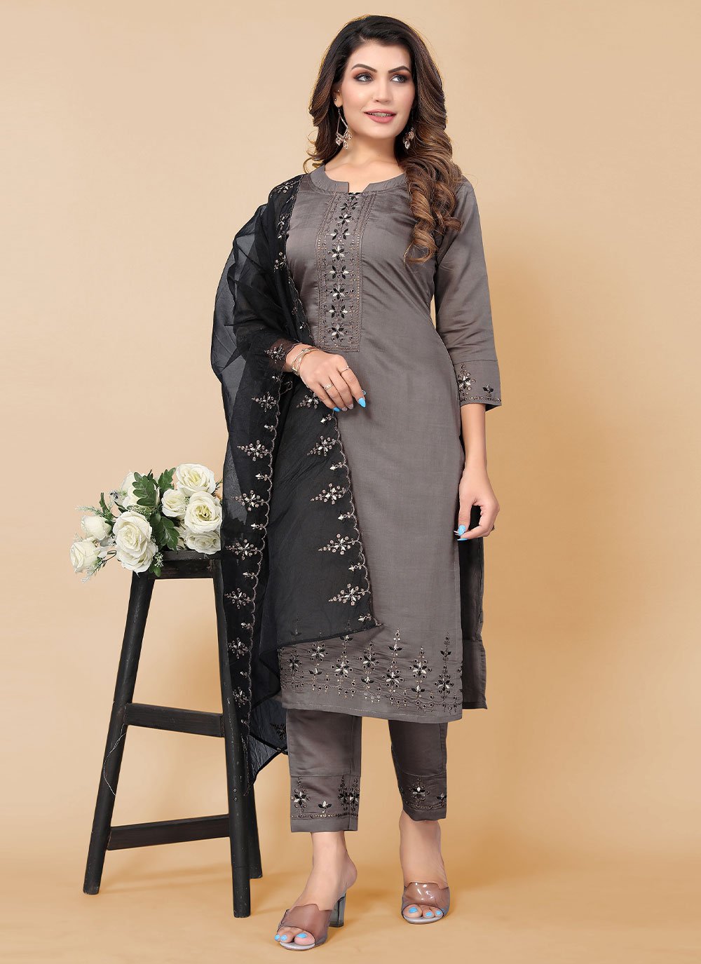 Salwar Suit Chinon Grey Embroidered Salwar Kameez