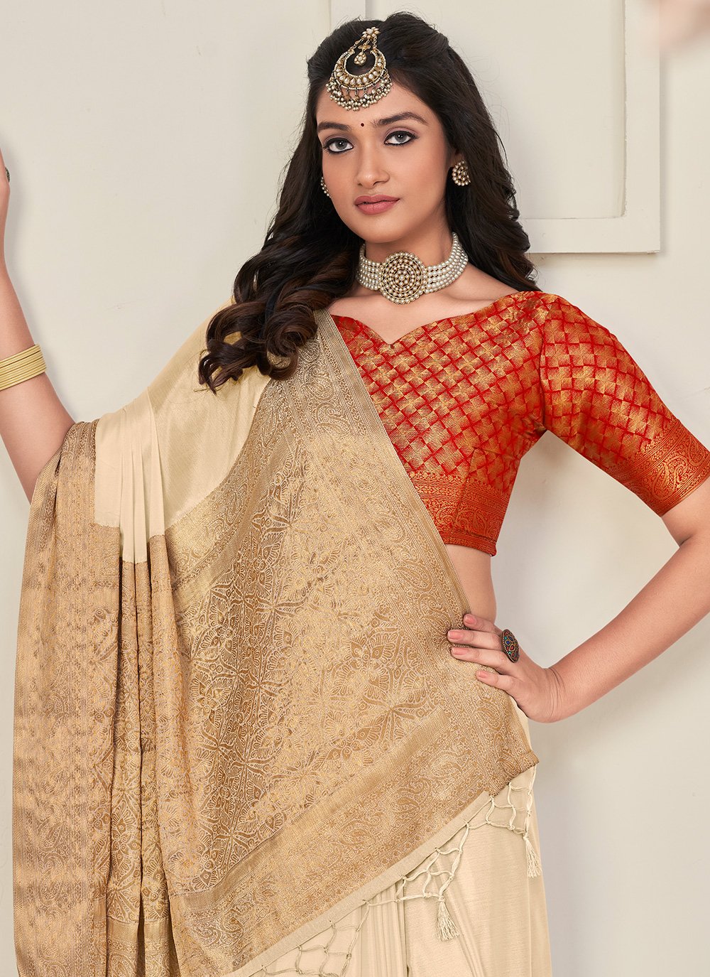 Trendy Saree Chinon Silk Cream Patch Border Saree