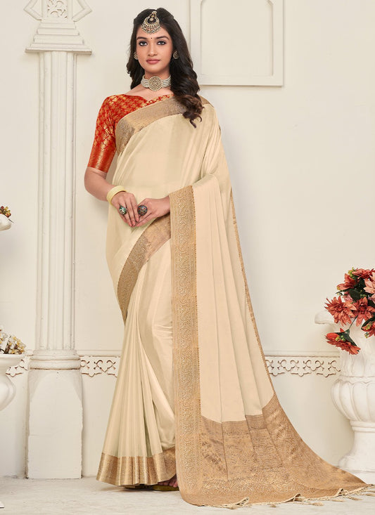 Trendy Saree Chinon Silk Cream Patch Border Saree