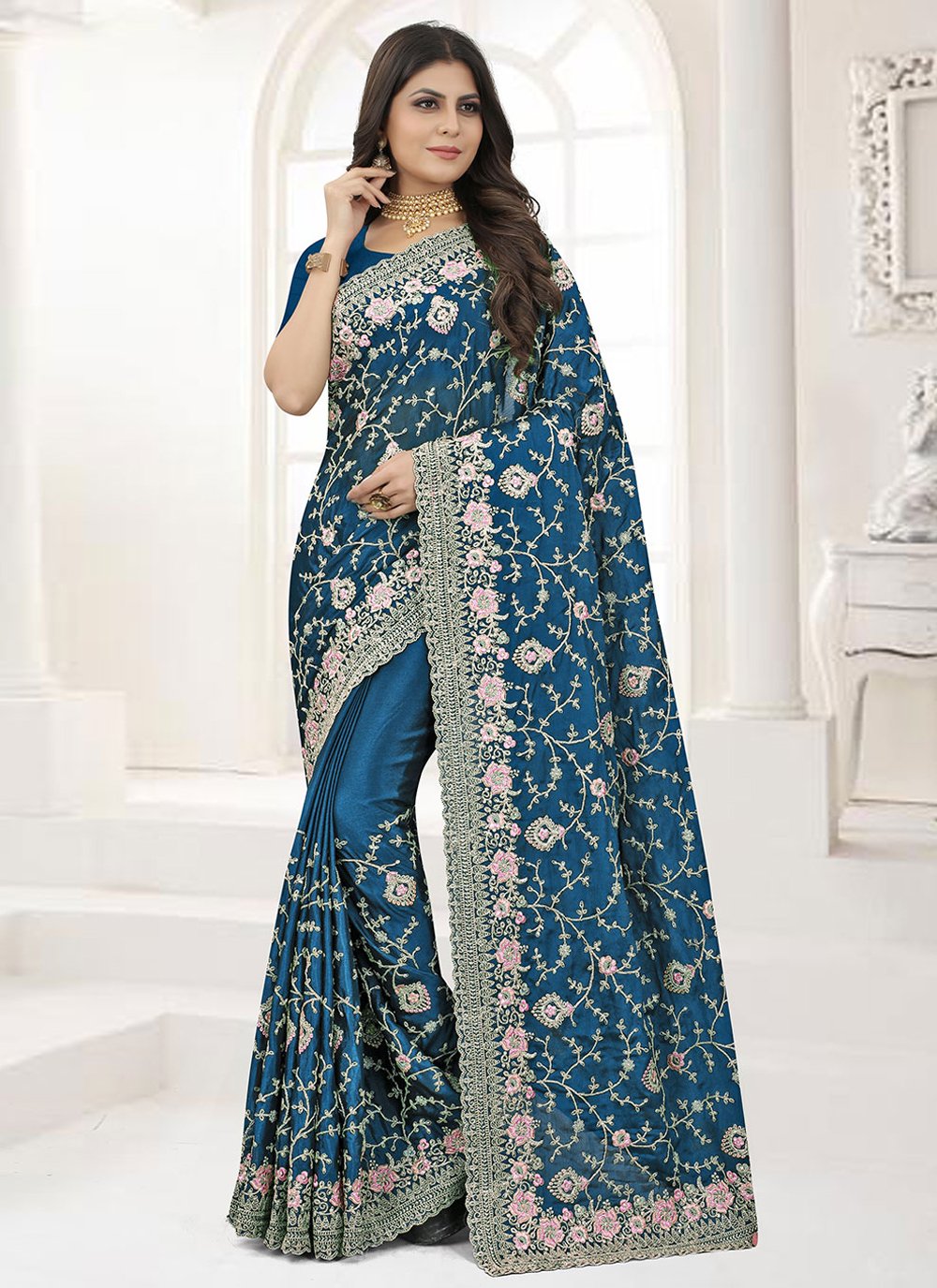 Designer Chinon Turquoise Embroidered Saree