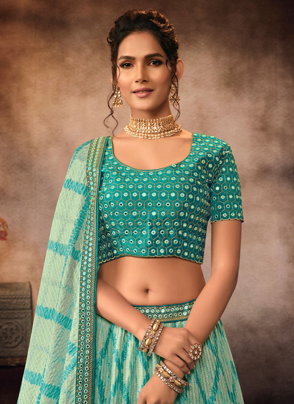 Lehenga Choli Chinon Turquoise Embroidered Lehenga Choli