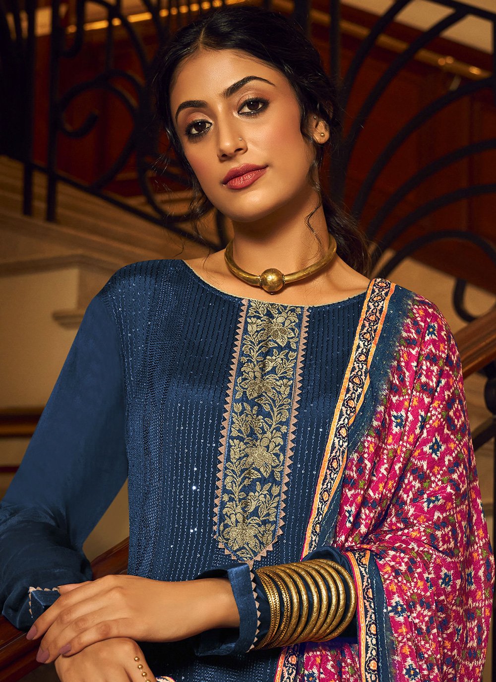 Salwar Suit Chinon Blue Embroidered Salwar Kameez