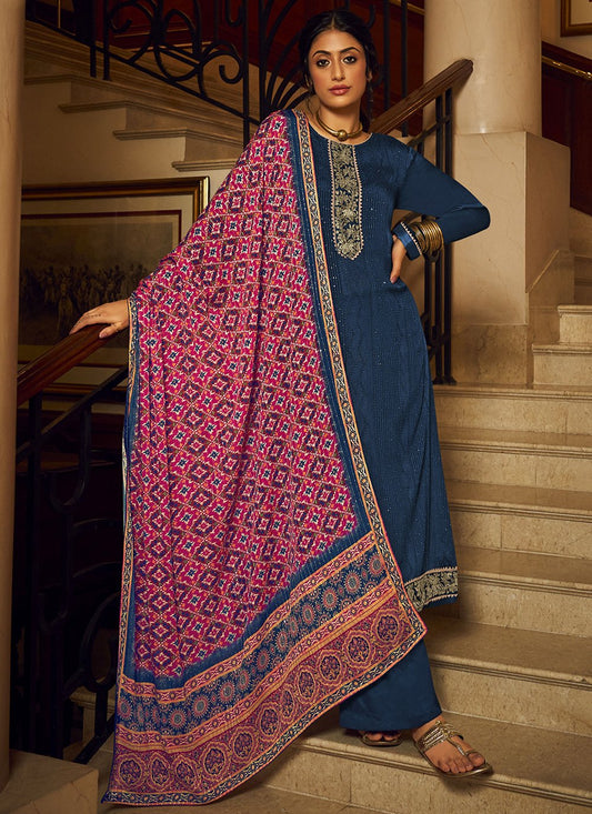 Salwar Suit Chinon Blue Embroidered Salwar Kameez