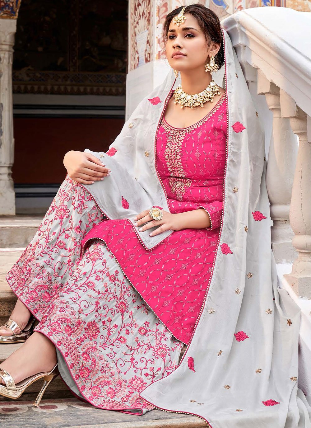 Salwar Suit Chinon Pink Embroidered Salwar Kameez